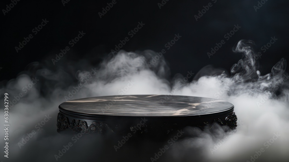 A blank round marble table with smoke, black background, presentation