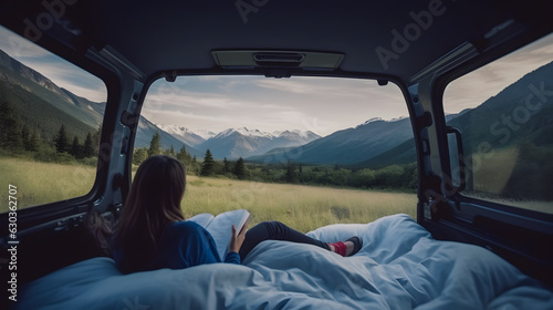 Beautiful mountain scene and camper girl reading book inside camper van © May Thawtar