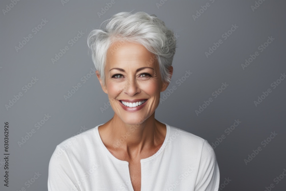 Beautiful elderly senior woman, model, woman with grey hair laughing and smiling into camera, old lady portrait, skin care, cosmetics, dental, beauty, generative ai Beautiful elderly senior woman, model, woman with grey hair laughing and smiling into camera, old lady portrait, skin care, cosmetics, dental, beauty, generative ai