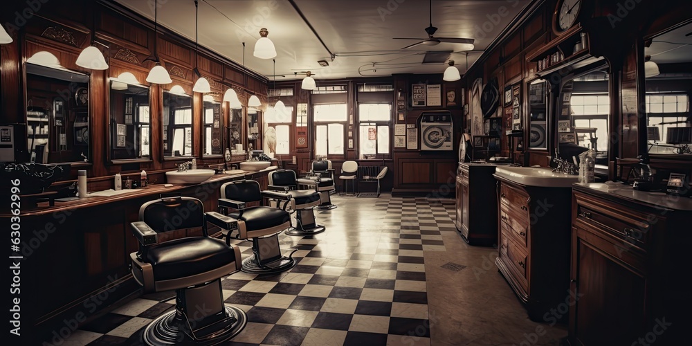 An old-fashioned barbershop with a checkered floor and a gold-framed mirror. The shop has four black leather barber chairs and a wooden counter.