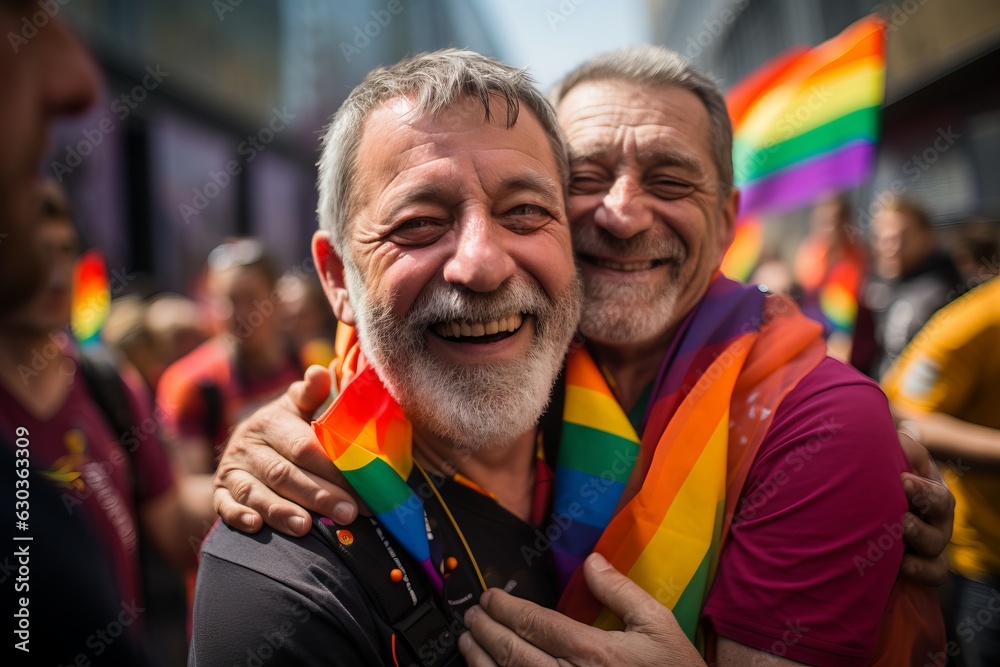 una pareja sonriente de hombres gays durante el desfile del orgullo LGTBI