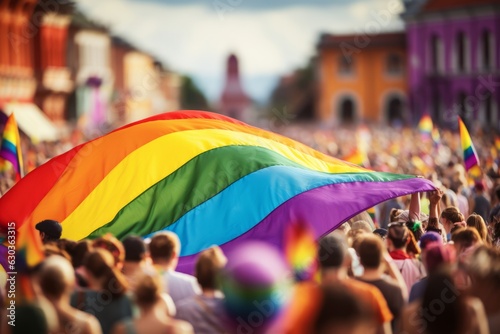 una multitud de gente ondean una bandiera arco iris durante el desfile del dia del orgullo LGTBI photo