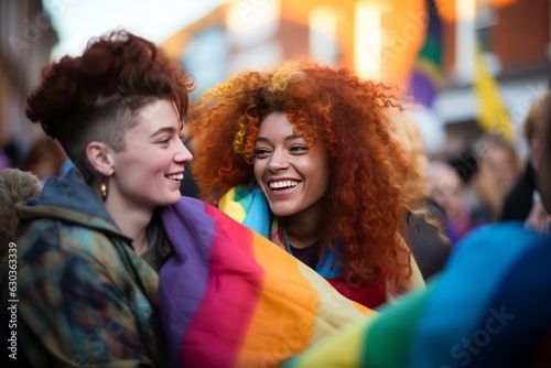 una pareja de jovenes lesbianas celebra el dia del orgullo LGTBI © XC Stock