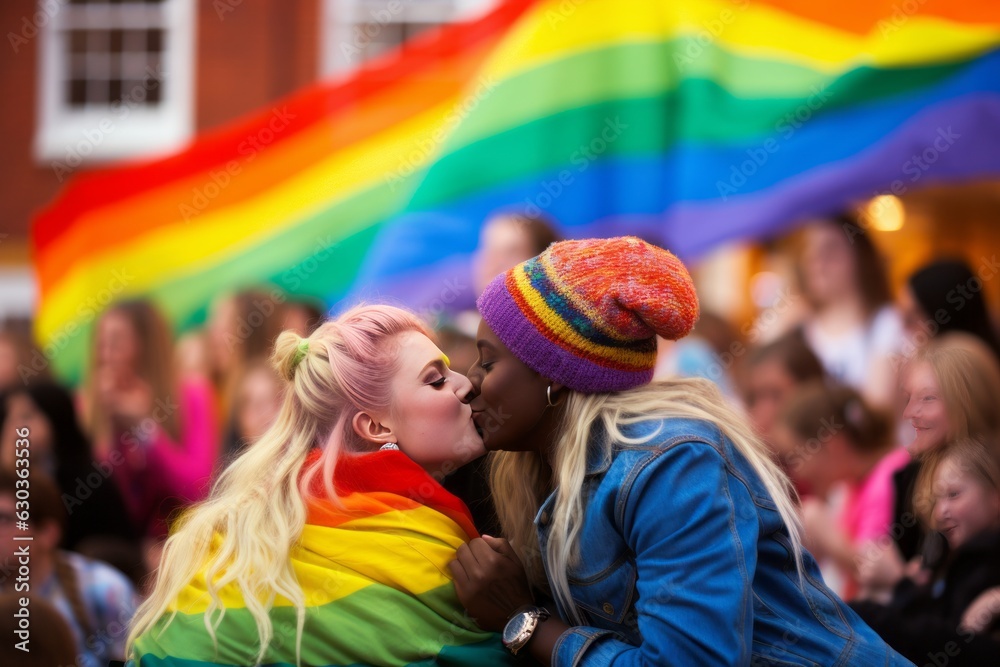 una pareja de jovenes lesbianas de besan durante el dia del orgullo LGTBI