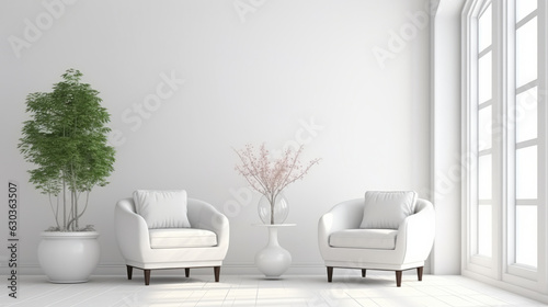 A minimalist white room with two chairs and a potted plant