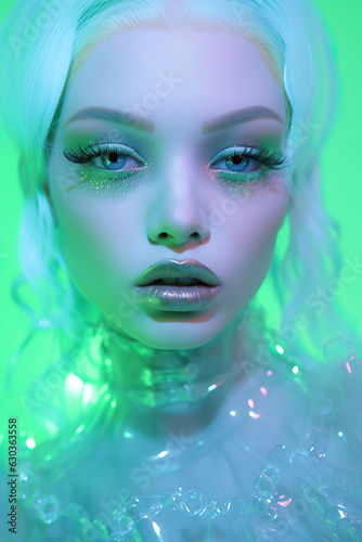 A vibrant glittery futuristic woman with vivid violet cosmetics and a psychedelic 80s-style costume glows under the dark night sky, captivating all with her mysterious, holographic doll-like eyelashes