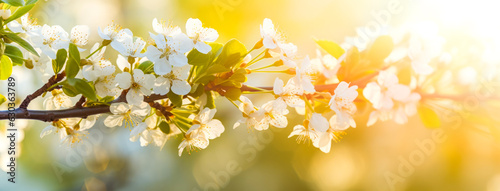 Blooming trees with bees with bokeh background, pastel and bright colors, abstract background of spring, nature sunrise. floral background Ai generation