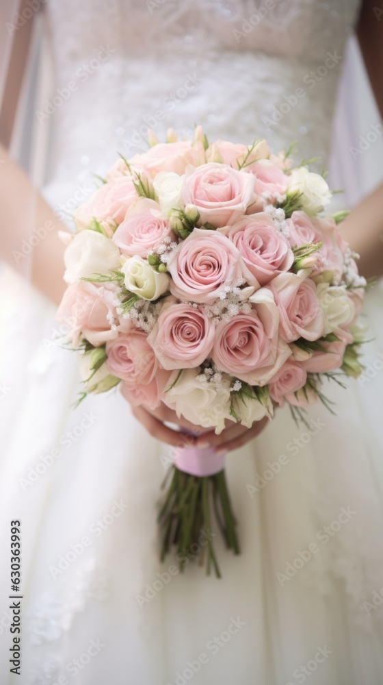 Close up shot of bride holding wedding bouquet. vertical orientation.
