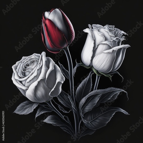 Illustration of a beautiful bouquet of white roses on a dramatic black background created with Generative AI technology