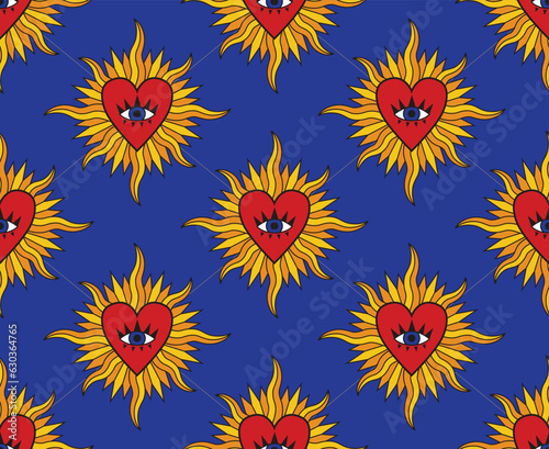 Sacred heart, evil eye, sunshine. Royal gothic seamless pattern. 