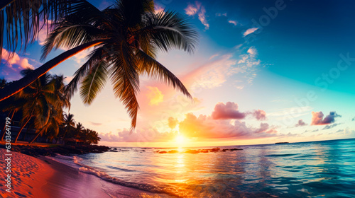 Colored beach with palm trees with sunset light and reflections. Vacation, romance Ai generation