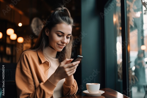 IA Generative young woman looking at smart phone while sitting in coffee shop drinking coffee