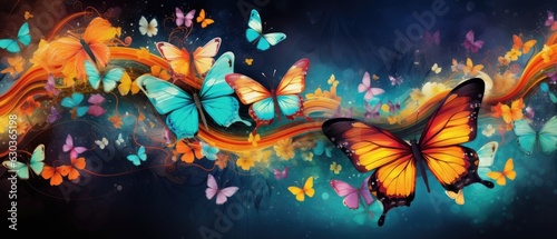 Colorful butterflies in the air, Magical abstract colorful background wallpaper, Generative AI. © nilanka