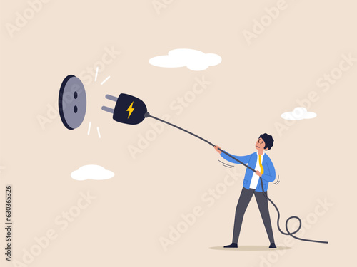 Electricity saving concept. ecology awareness or reduce electric cost and expense, man pulling electric cord to unplug to save money or for ecology power. Flat vector illustration.