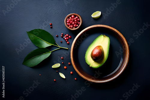 Fresh avocado on a plate with leaves on a black background. Top view green fresh avocado
