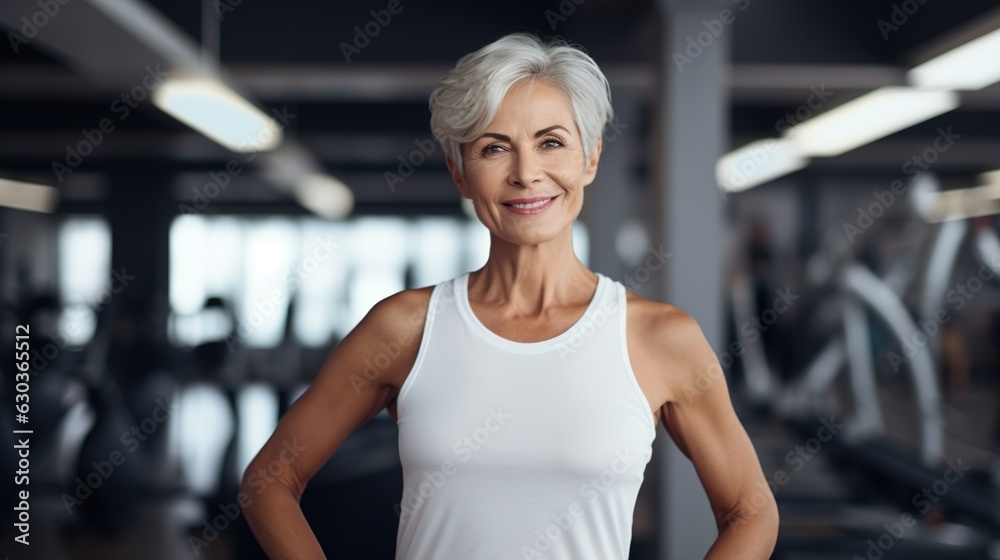 Mature beautiful woman fitness trainer on the background of the gym