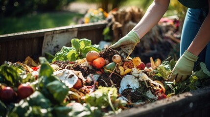 Person composting food waste in backyard compost bin garden