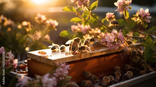 Garden apiary, hard working bees in morning sunlight, Generative AI.