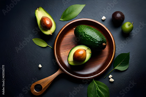 Fresh avocado on a plate with leaves on a black background. Top view