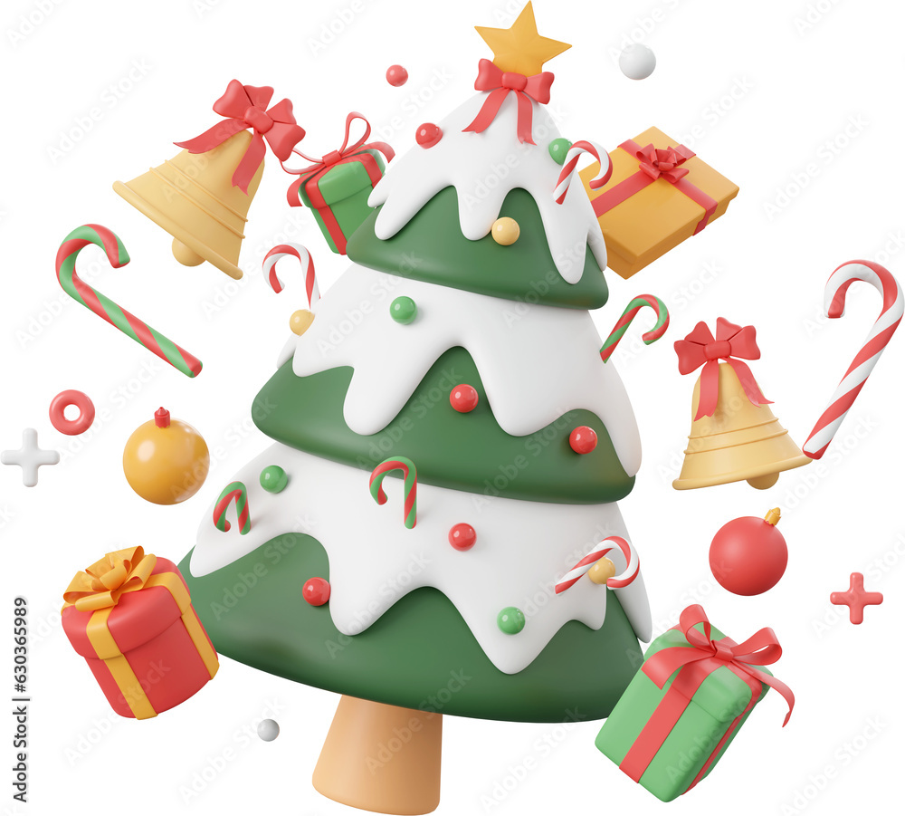 Christmas tree with gift and decorations, Christmas theme elements 3d illustration Christmas tree with gift and decorations, Christmas theme elements 3d illustration