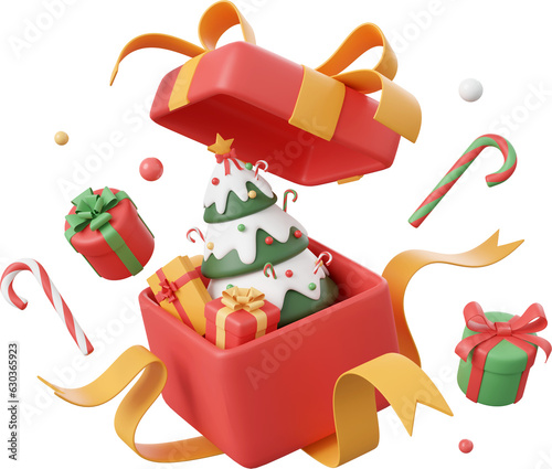Foto Opened gift box with Christmas tree and decorations, Christmas theme elements 3d