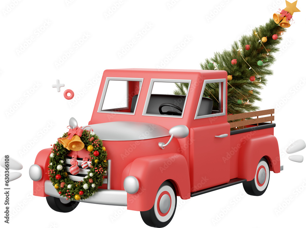 Christmas truck with Christmas tree, Christmas theme elements 3d illustration