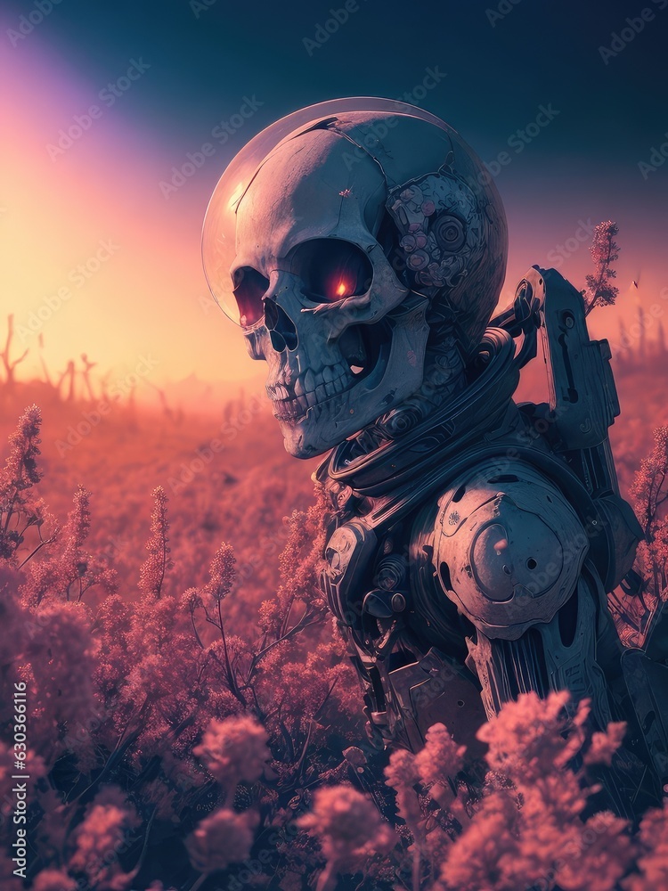 Illustration of a skeleton standing next to an alien in an eerie field created with Generative AI technology