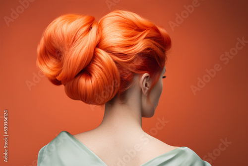 Bright orange colored hair in elegant updo hairstyle. 
