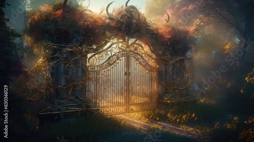 entrance to an enchanted garden  magical garden. Created with Generative AI.