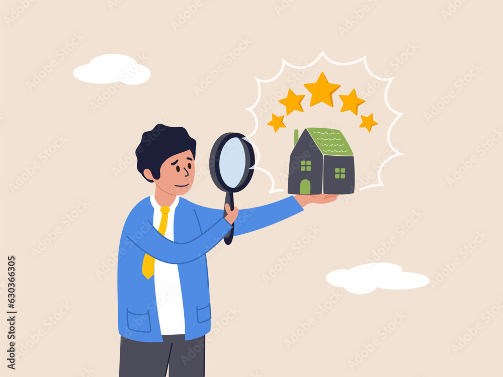 Rating or real estate review concept. Property appraisal or price evaluation, housing assessment for market value, residential sale, businessman appraiser magnifier review property with star rating. Rating or real estate review concept. Property appraisal or price evaluation, housing assessment for market value, residential sale, businessman appraiser magnifier review property with star rating.