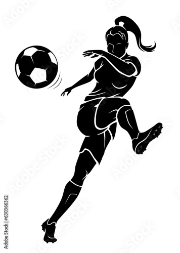 Female Front View Soccer Sport, Power Kick Foreshortening Illustration Silhouette