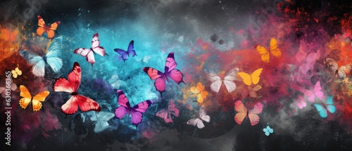 Glowing butterflies in the air, Magical abstract colorful background wallpaper, Generative AI.
