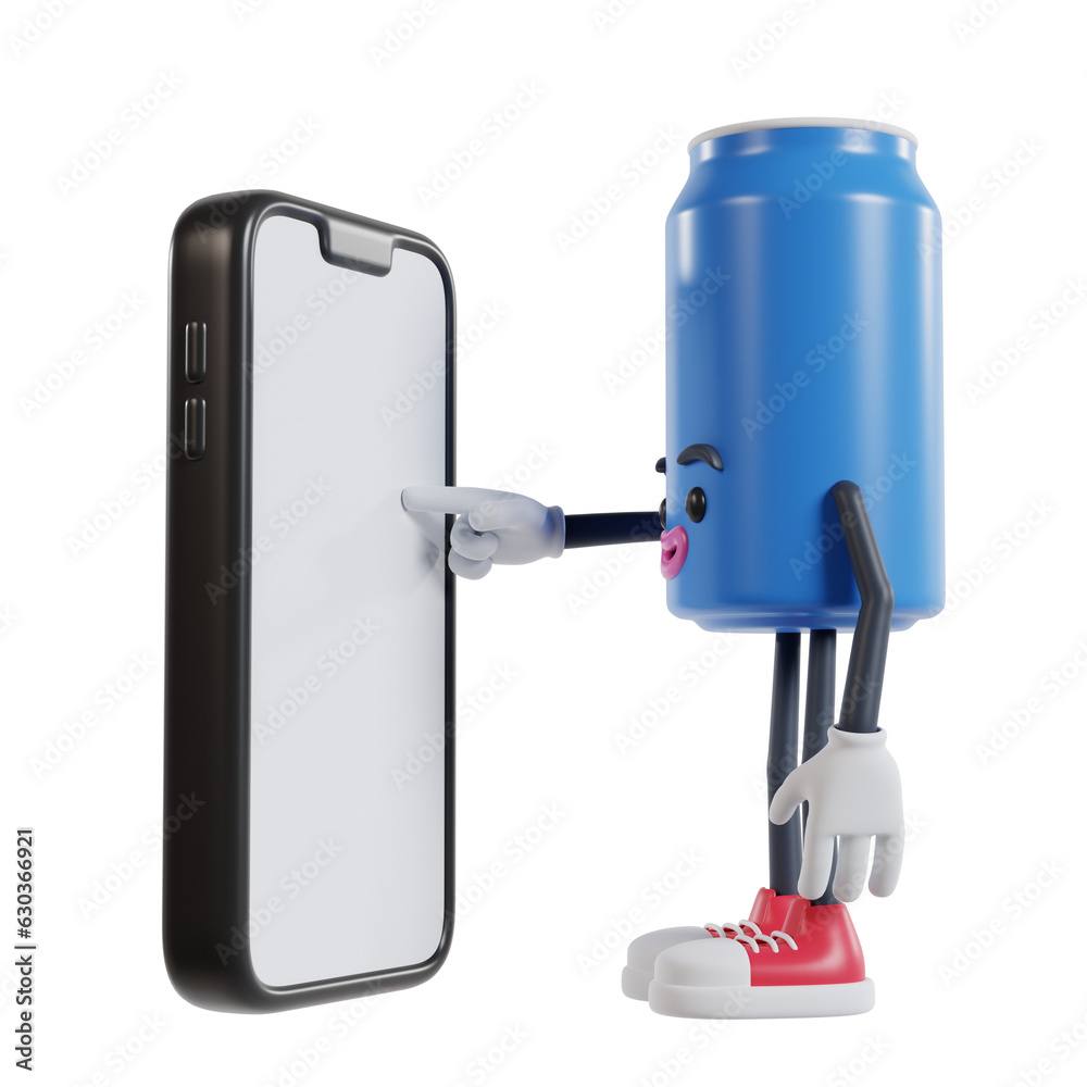 blue can of soft drink cartoon character touching phone screen with index finger, 3d illustration of soft drink cans blue can of soft drink cartoon character touching phone screen with index finger, 3d illustration of soft drink cans