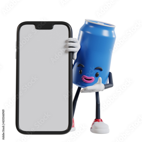 blue can of soft drink cartoon character peeking from behind a big mobile phone and showing what's on the screen by hand, 3d illustration of soft drink cans