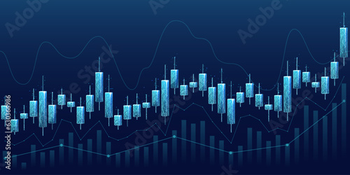 Digital candlestick graph chart of stock in futuristic low poly wireframe style. Web banner of trading cryptocurrency concept. Abstract market investment exchange on technological blue background.