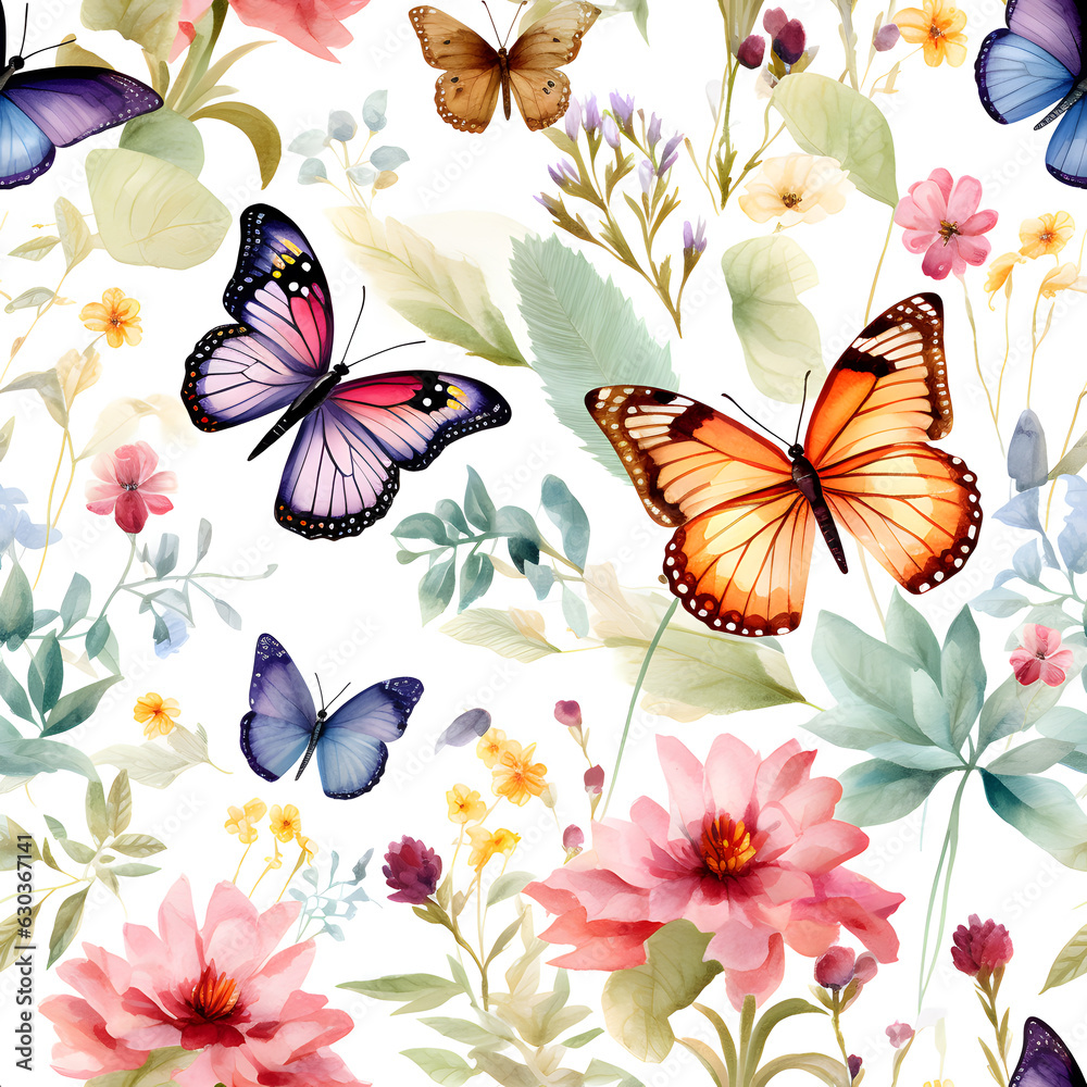 Seamless pattern of beautiful butterflys and flowers. Watercolor illustration nature background, Generative AI Seamless pattern of beautiful butterflys and flowers. Watercolor illustration nature background, Generative AI
