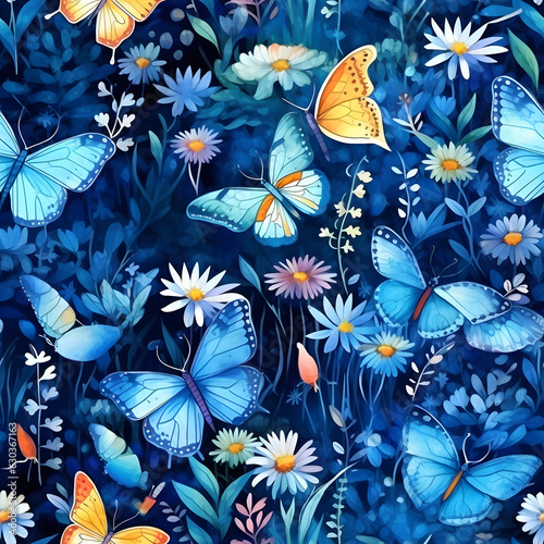 Seamless pattern of beautiful butterflys and flowers. Watercolor illustration nature background, Generative AI