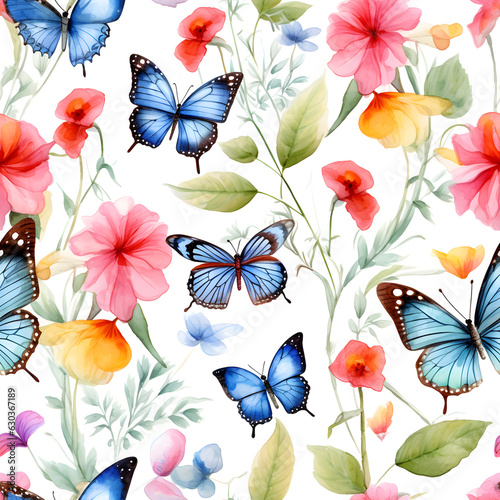 Seamless pattern of beautiful butterflys and flowers. Watercolor illustration nature background  Generative AI