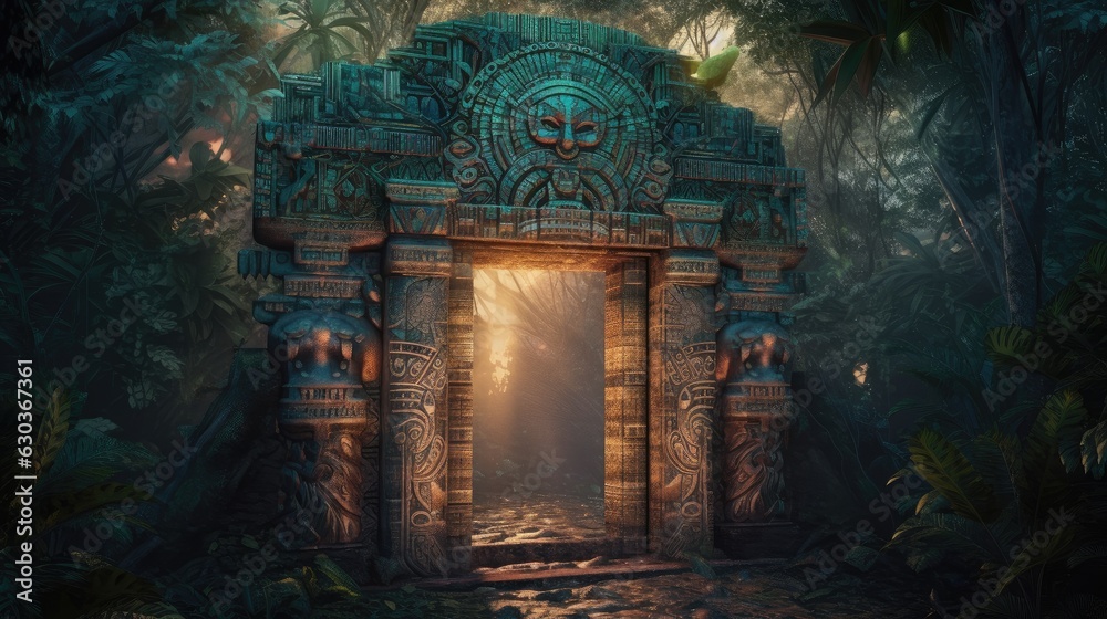 Mayan gate in the forest. Created with generative AI.	
