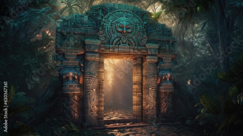 Mayan gate in the forest. Created with generative AI.  