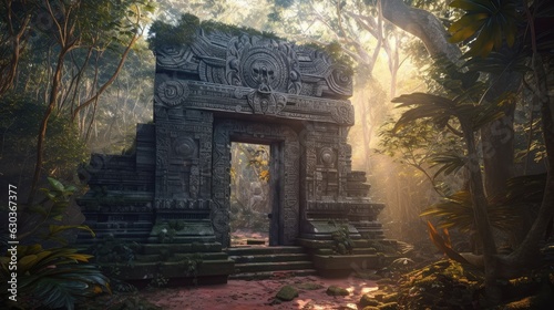 Mayan gate in the forest. Created with generative AI. 