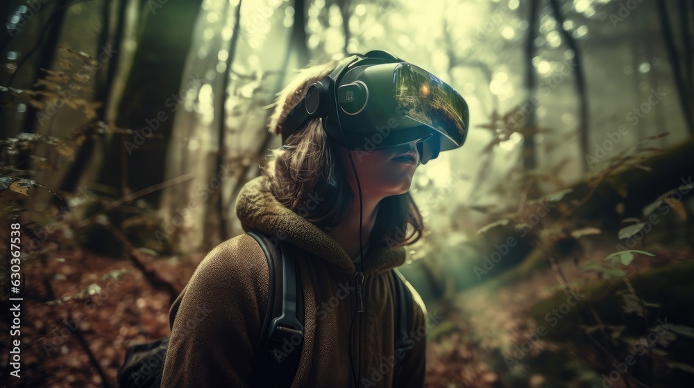 woman with virtual reality headset in the forest.  Created with Generative AI.	
