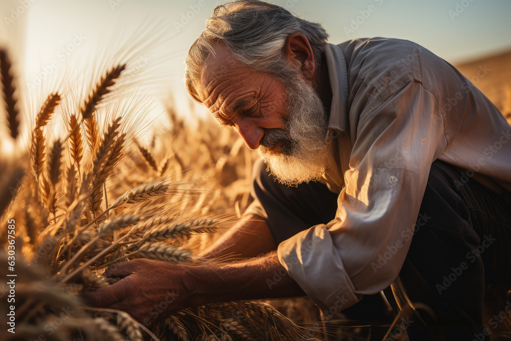 Obraz premium Man joyously working in a wheat field - Agriculture and happiness - AI Generated
