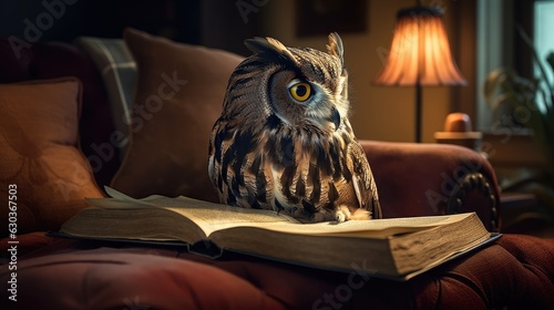 owl reading book on sofa. Created with Generative AI.