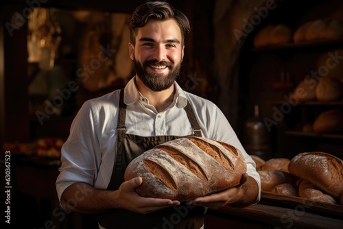Happy baker presenting freshly baked bread - Small business and satisfaction - AI Generated