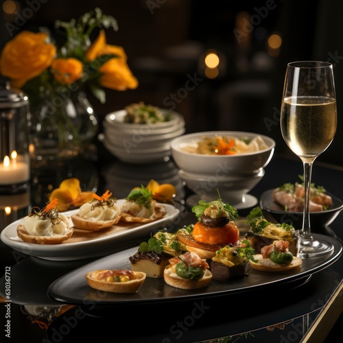 Professional staged photo of wine glasses with gorgeous various appetizers on the table, sea food and sushi rolls, in the interior of an expensive restaurant, romantic holiday atmosphere