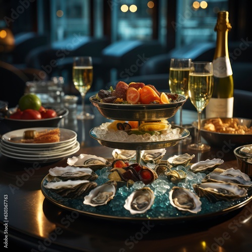 Professional staged photo of wine glasses with gorgeous various appetizers on the table  sea food and sushi rolls  in the interior of an expensive restaurant  romantic holiday atmosphere