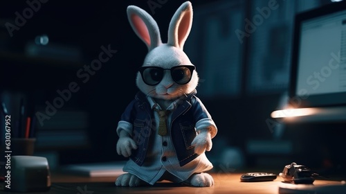 hacker rabbit with dark glasses. Created with Generative AI.