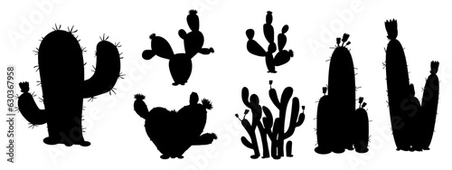 Set of silhouettes of blooming cacti. Vector graphics.