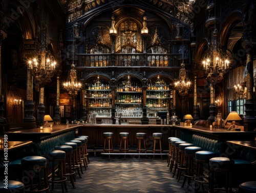 Fotobehang Interior of a classic European beer pub, wooden finish, decorations, bar counter